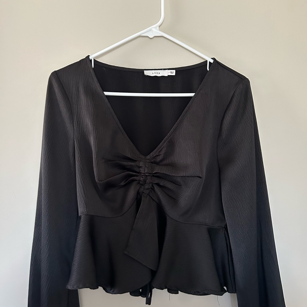 Lush Black Ruched Peplum Blouse